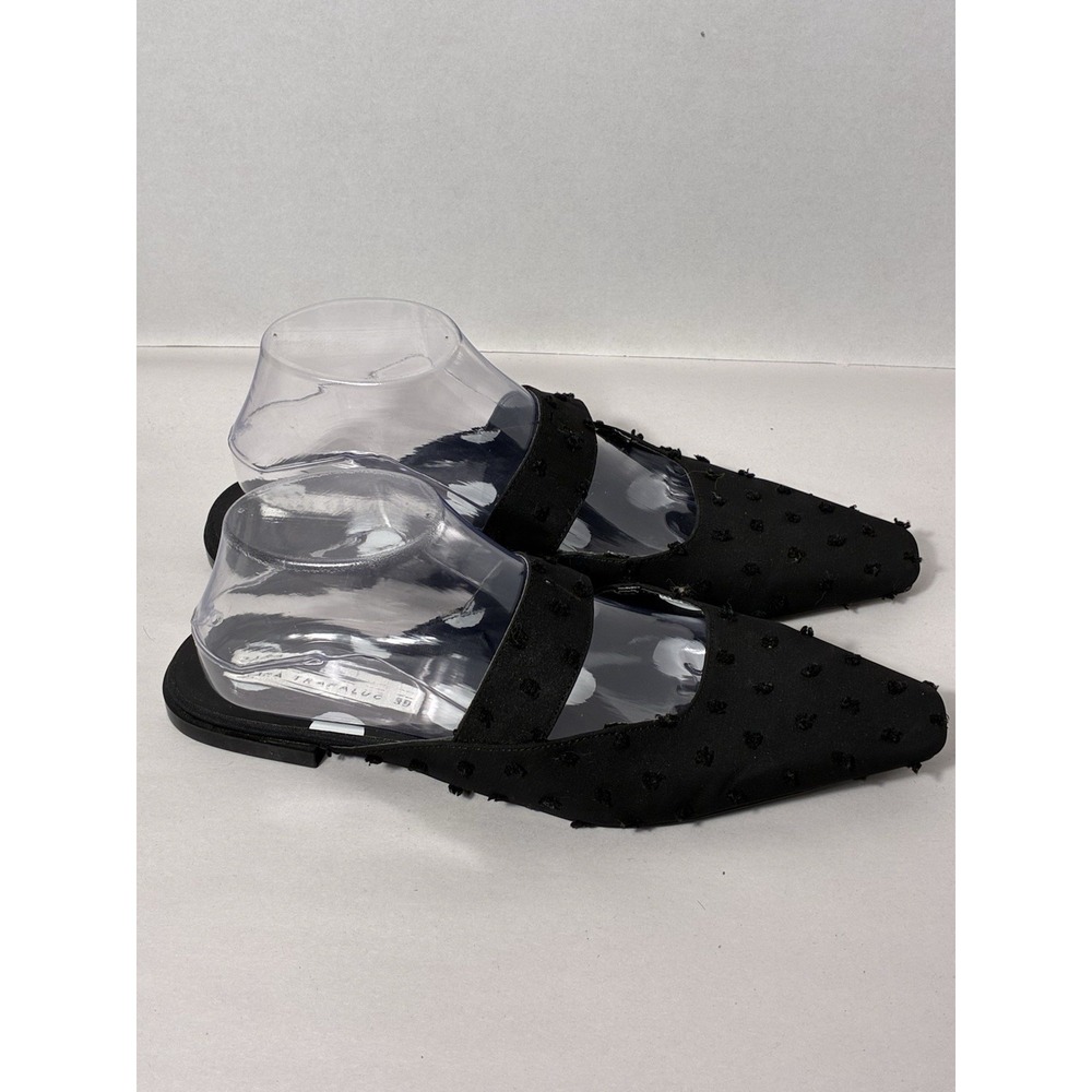 zara trafaluc Slip On Mule Polka Dot Textured Slides Sz 8 Black Square Toe Flats - Picture 2 of 6